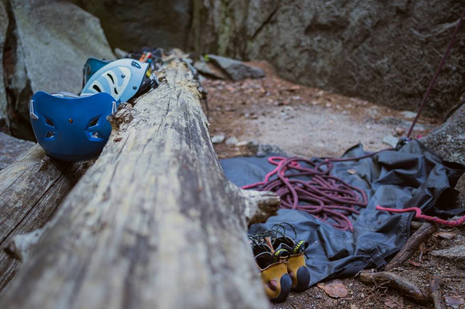 Climbing helmet on rocky mountain peak